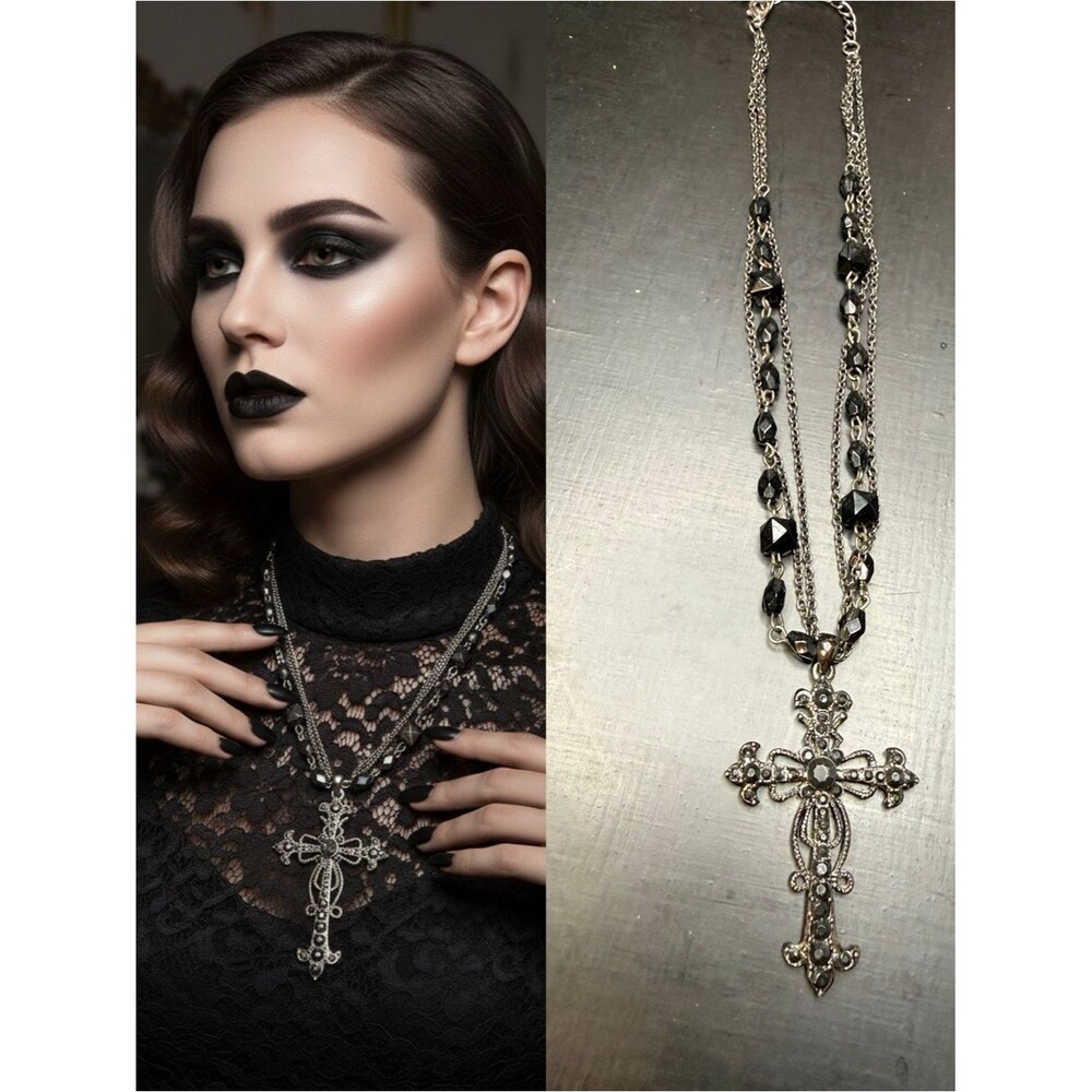 Gothic Cross Necklace Black Beaded Multi Strand Statement Pendant